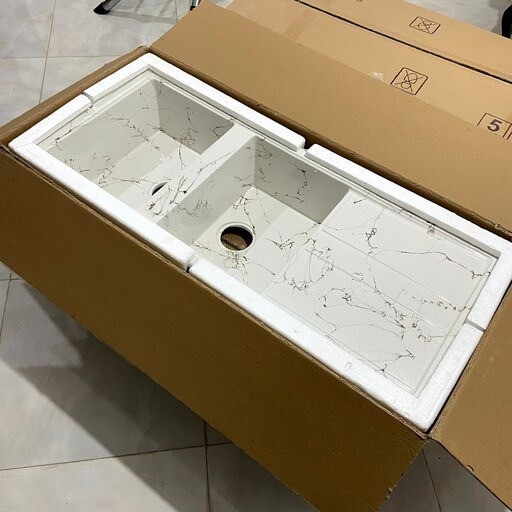 سینک گرانیتی سفید رگه دار سوپر فانتزی وارداتی آلمانی سایز 115 در 50 سانت توکار برند کیارا
